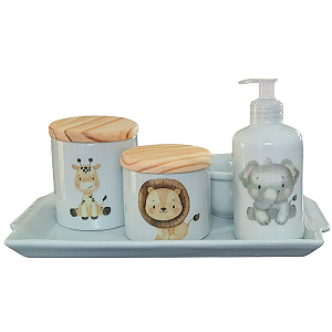 Kit higiene bebê Safari 5 peças - Bandeja, potes, porta álcool e molhadeira - Peças Porcelana Tampas Pinus