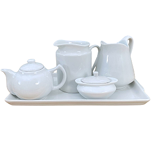 Jogo Café e Chá, Bandeja + Açucareiro barquinha 100ml + Chaleira 400ml + Leiteira 700ml + jarra 740ml - Porcelana Branca