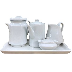 Jogo Café e Chá, Bandeja + Açucareiro barquinha 100ml + Bule bico longo 800ml + Leiteira 740ml + Bule cafeteira 1,1L - P