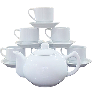 Jogo Café e Chá Mesa Posta 13 peças - Bule Chaleira 830ML + kit 6 xícaras café/chá hotel 200ml empilháveis c/ pires