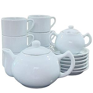 Jogo Café e Chá Mesa Posta 14 peças -Chaleira 830ML + Açucareiro 250ml + 6 xícaras café/chá 200ml empilháveis c/ pires