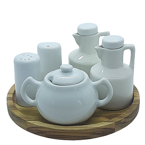 Kit Galheteiro 6 peças Azeite, Vinagre, Sal, Paliteiro e Açúcar - Porcelana