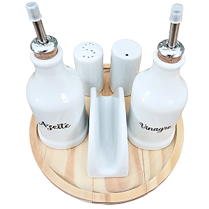 Kit Galheteiro 6 pçs Porcelana Branca Bandeja Pinus