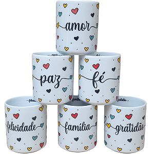 Jogo 6 copos 300ml Frases Motivacionais - Kit Porcelana