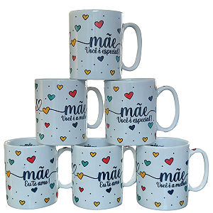 Jogo 6 canecas 300ml Frases Mãe - Kit Porcelana - Decoração Caneca Completa Corações