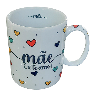 Caneca 300ml Frase Mãe - Porcelana - Decoração Caneca Completa Corações