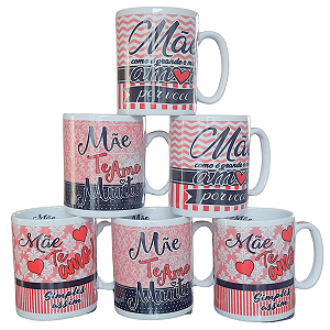 Jogo 6 canecas 300ml Frases Mãe - Kit Porcelana - Decoração Caneca Completa Preto e Vermelho