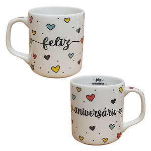 Caneca 300ml Feliz Aniversário - Porcelana Corações C/ Verde