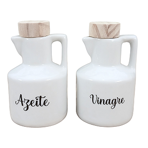 Kit Galheteiro Azeite e Vinagre - Porcelana tampas pinus
