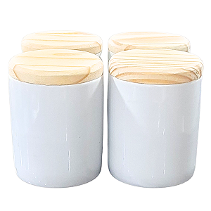 Kit 4 Potes Uso Geral 200ml - Potes Porcelana Tampa Pinus