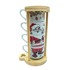 Kit Jogo 4 Xicaras Café Chá hotel 200ml Empilháveis C/ Suporte Pinus - Feliz Natal