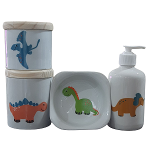 Kit higiene bebê Dinossauro 4 peças - potes, porta álcool e molhadeira - Peças Porcelana Tampas Pinus