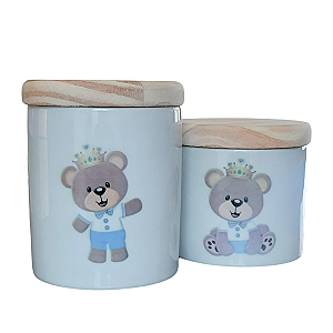 Kit higiene bebê Príncipe Ursinho 2 potes - Peças Porcelana Tampas Pinus