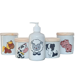 Kit higiene bebê Fazendinha 5 peças - potes e porta álcool - Peças Porcelana Tampas Pinus