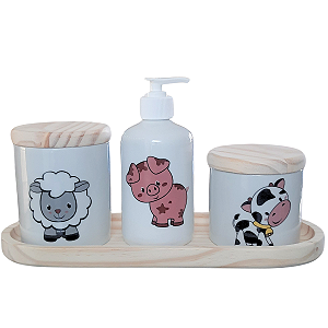 Kit higiene bebê 4 peças Fazendinha - Bandeja, potes e porta álcool - Peças porcelana bandeja e tampas pinus