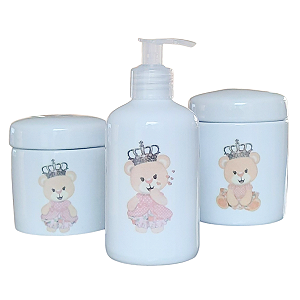 Kit Higiene Bebê 3 peças - Princesa Ursinha Rosa - Peças Porcelana