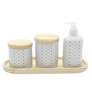 Kit higiene 4 peças Poá - Bandeja Oval -  Tampa pinus