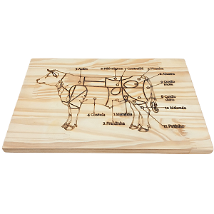 Tábua Corte Carne/Churrasco - Pinus c/ Imagem cortes do Boi