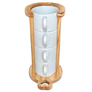 Kit Jogo 4 Xicaras Café/Chá hotel 200ml Empilháveis c/ suporte pinus - Porcelana Branca