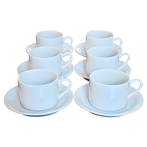 Jogo 6 xícaras de Café e Chá com pires - 170 ml Base Reta - Porcelana branca