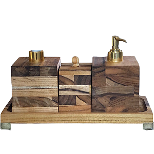 Kit Higiene Lavabo / Banheiro 4pçs - Madeira nobre "Teca" - Quadrado