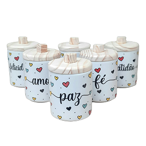 Jogo 6 Potes Multi-Uso 300ml Frases Motivacionais c/ pegadores - Kit Porcelana