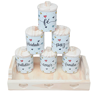 Jogo 6 Potes Multi-Uso 300ml Frases Motivacionais c/ pegadores + Bandeja - Kit Porcelana