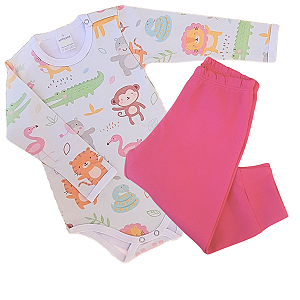 Kit Body infantil Manga Longa Safari e Rosa RN ao G Algodão Premium