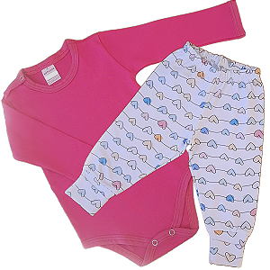 Kit Body infantil Manga Longa Rosa e corações RN ao G Algodão Premium