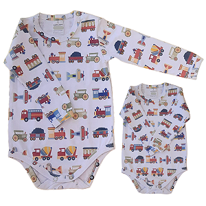 Body infantil Manga Longa Meios Transporte RN ao G Algodão Premium