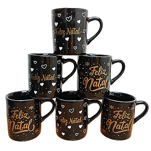 Kit Jogo 6 Canecas Natal 120ml - Porcelana Preta
