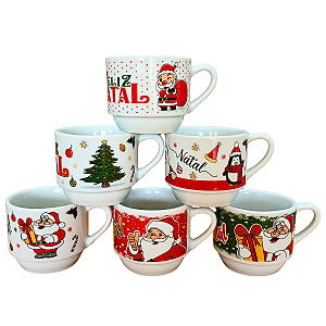 Kit Jogo 6 Xicaras Natal CaféChá 200ml Empilháveis Porcelana