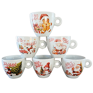 Kit Jogo 6 Xicaras Natal Café Chá 200ml Cônicas Porcelana