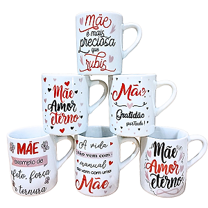 Kit Jogo 6 Canecas Frases Mãe 120ml - Porcelana