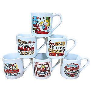 Kit Jogo 6 Canecas Frases Mãe 210ml - Porcelana