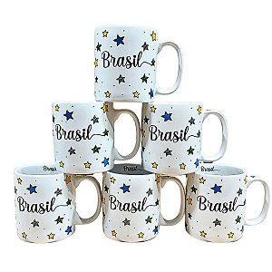 Kit Jogo 6 Canecas Brasil Porcelana Chá Café Cappuccino Suco