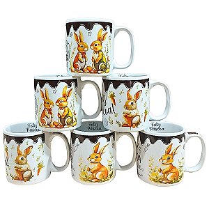Kit Jogo 6 Caneca Coelho Páscoa Porcelana Café Suco Chá