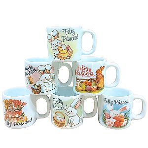 Jogo 6 Caneca Xícara Coelho Páscoa Café Expresso Porcelana