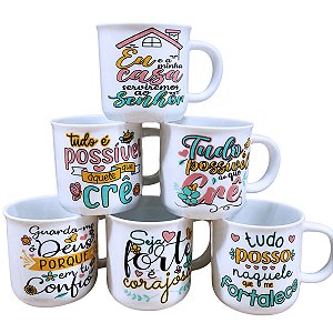 Kit Jogo 6 Canecas 200ml Porcelana - Frases Motivacionais
