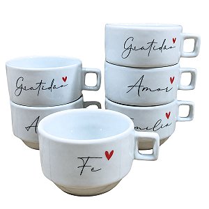 Kit 6 Xícara Frases Delicadas Café Chá Cappuccino Porcelana