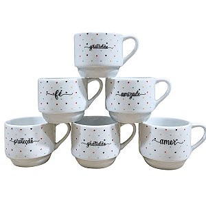 Kit Jogo 6 Xícaras Caneca de Porcelana 200ml Frases