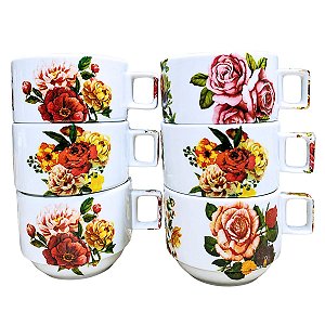 Jogo 6 Xícara Chá/Café Decorada Flores - Porcelana 200ml