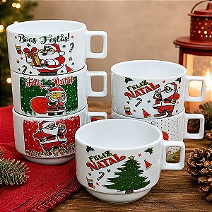 Kit Jogo Conjunto 6 Xícaras Caneca 200ml Porcelana Natal