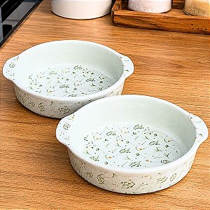 Kit 2 Travessas Refratária c/ Alças Porcelana Decorada 20cm