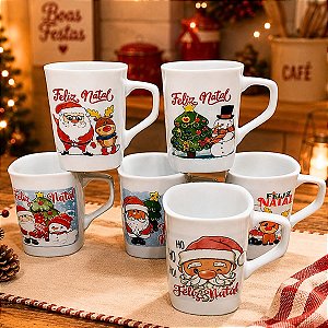 Kit Jogo Conjunto 6 Caneca 200ml Porcelana Natal Boas Festas