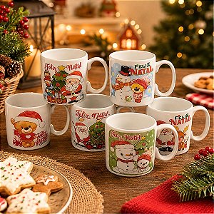Kit Jogo Conjunto 6 Caneca 100ml Porcelana Natal Boas Festas