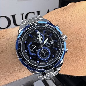 Casio Edifice Em Aço EF-539D Prateado/Azul 45MM A Prova D'Água