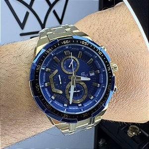 Casio Edifice Em Aço EF-539D Dourado/Azul 45MM A Prova D'Água