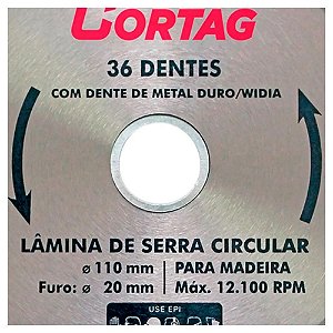 Disco De Serra Circular Para Madeira 36 Dentes 110mm - Cortag