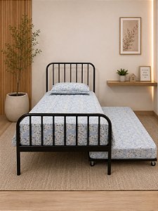 Cama Solteiro Diana com Cama Auxiliar de Ferro Preto para Colchão 88x188